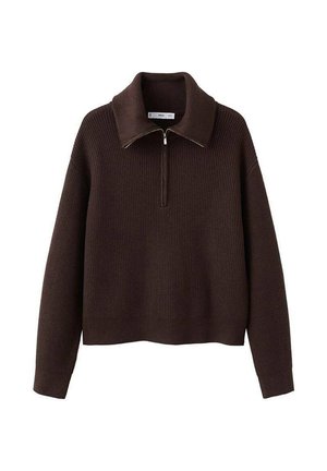 Maglione marrone a coste con collo alto e chiusura a mezza zip. Presenta una vestibilità comoda e una texture morbida.