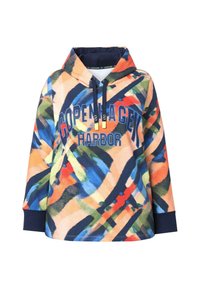 Felpa con cappuccio multicolore con un design astratto in sfumature di arancione, blu, verde e una rifinitura blu scuro. Il testo recita "COPENHAGEN HARBOR."