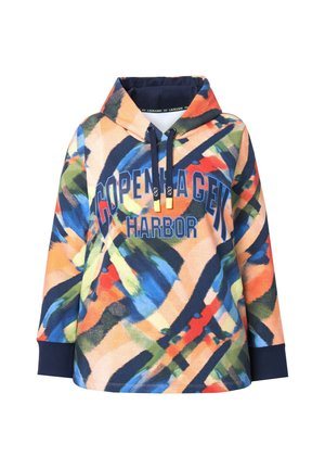 Kolorowa bluza z kapturem z abstrakcyjnym wzorem w odcieniach pomarańczowego, niebieskiego, zielonego i granatowym obszyciem. Napis głosi „COPENHAGEN HARBOR”.