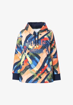 Multifarvet hættetrøje med et abstrakt design i nuancer af orange, blå, grøn og en marineblå kant. Teksten lyder "COPENHAGEN HARBOR."