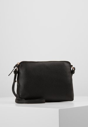 Pochette bracelet en cuir texturé noir avec fermeture éclair et bandoulière détachable, posée sur une surface blanche avec un fond gris uni.