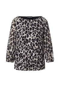 Blouse à imprimé léopard avec une texture plissée, un col rond et des manches trois-quarts. Couleurs beige, noir et gris.