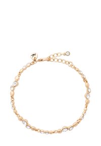 Pulsera en tono dorado con piedras alternando entre lisas y facetadas, con cristales transparentes engastados en una delicada cadena y un cierre de langosta.