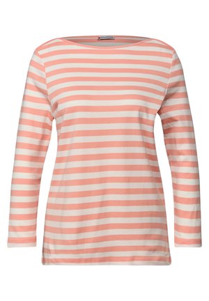 Haut à manches longues avec rayures horizontales en rose pastel et blanc. Encolure ronde, tissu en coton doux et coupe décontractée.