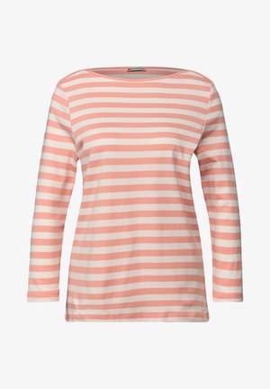 Haut à manches longues avec rayures horizontales en rose pastel et blanc. Encolure ronde, tissu en coton doux et coupe décontractée.