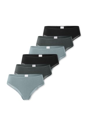 Ensemble de six culottes pour femmes en noir, gris foncé, gris clair et teal. Fabriquées en coton doux avec des dentelles le long des tailles.