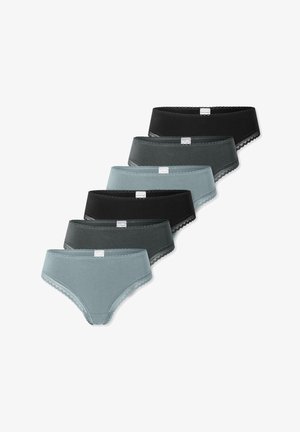 Set di sei mutande da donna in nero, grigio scuro, grigio chiaro e teal. Realizzate in morbido cotone con un bordo in pizzo lungo i rispettivi elastici.
