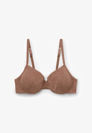 Bra in braun mit floraler Spitze, gepolsterten Cups, verstellbaren Trägern und zarten, gewellten Kanten. Glatte Textur mit strukturiertem Halt.
