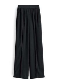Pantaloni neri a gamba larga realizzati in tessuto morbido, con una vita elastica e delicate pieghe per comfort e fluidità.