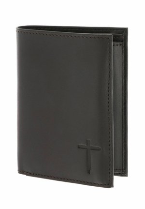 Schwarze Lederbrieftasche mit genähten Kanten und einem geprägten Kreuzsymbol in der unteren vorderen Ecke, teilweise geöffnet.