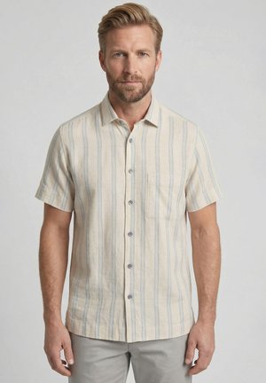 Blonde man met baard die een beige overhemd met korte mouwen en blauwe verticale strepen draagt, staand tegen een effen lichte achtergrond.