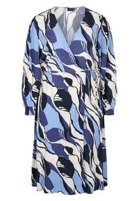 Sininen, tummansininen ja valkoinen abstrakti kuvioittu kietaisumekko. Pitkät hihat elastisilla manseteilla, V-kaula-aukko ja kangasvyö vyötäröllä. Kevyt materiaali.