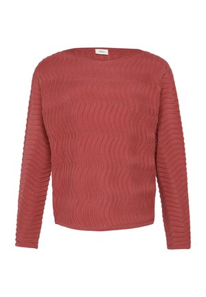 Roestkleurige longsleeve trui met een golvend textuurpatroon, ronde halslijn en een losse pasvorm; lichtgewicht, ribbelstof.