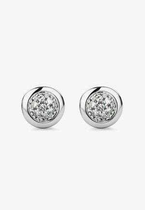 Round stud earrings with a polished silver setting, featuring a central cluster of sparkling clear stones encircled by a smooth bezel.