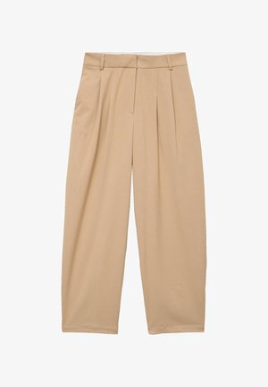 Beige wijde broekspijpen met voorplooien, riemlussen en een verborgen voorzijde sluiting, gemaakt van gladde stof.