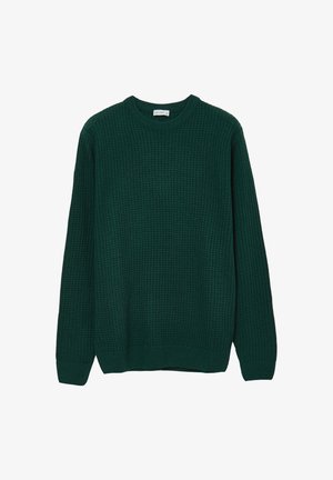 Green knitted sweater with a crew neckline, ribbed cuffs, and hem. Features a textured pattern throughout the fabric.