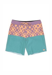 Plavky s fialovým vrchom a zeleným spodkom. Obsahujú oranžový geometrický vzor. Majú šnúrku v páse na prispôsobenie.