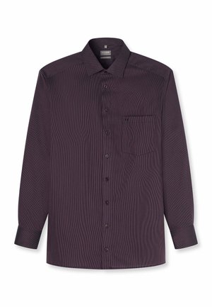Dunkellila strukturiertes Herrenhemd mit langen Ärmeln, Knopfleiste vorne, linke Brusttasche und klassischem Kragen.