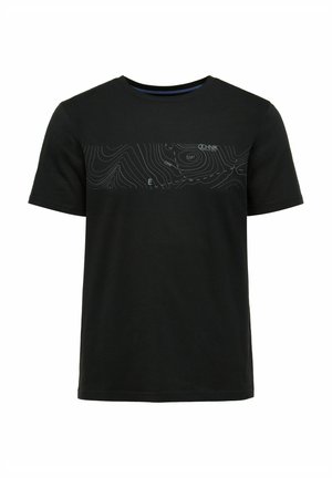 Czarny bawełniany t-shirt z okrągłym dekoltem, z jasnoszarym wzorem mapy konturowej na klatce piersiowej i małym tekstem logo nad wzorem.