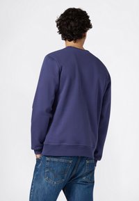 Hombre con cabello rizado, vistiendo un sudadera azul sencilla y jeans azules, de espaldas sobre un fondo blanco.