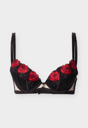 Soutien-gorge noir légèrement rembourré avec broderie florale rouge, bretelles réglables, agrafe à l'avant et panneaux latéraux en tulle transparent.