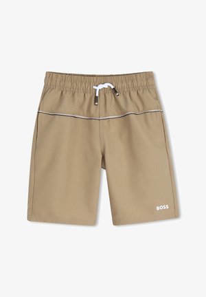 Shorts beige pour hommes avec taille élastique et cordon blanc, poches avant, coutures décoratives blanches et logo "BOSS" sur la jambe gauche.