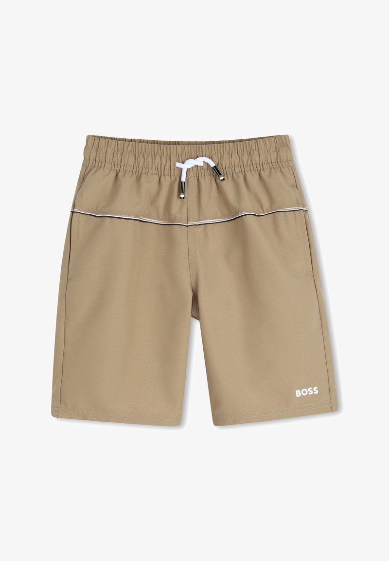 Shorts beige pour hommes avec taille élastique et cordon blanc, poches avant, coutures décoratives blanches et logo "BOSS" sur la jambe gauche.