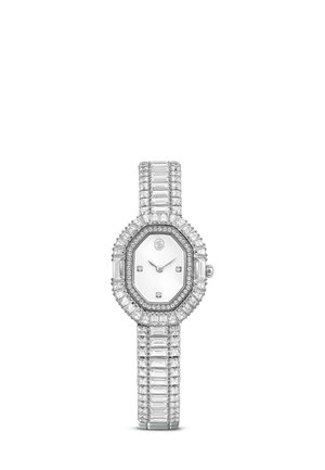 Orologio da polso di lusso con cinturino incastonato di diamanti e quadrante ottagonale, lancette d'argento e quattro indici orari con diamanti su quadrante bianco.