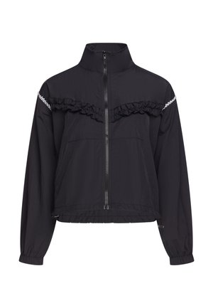 Schwarze Jacke mit Reißverschluss, hohem Kragen, langen Ärmeln, elastischen Bündchen, gerafften Details über der Brust und kleinen weißen Spitzenakzenten an den Schultern.