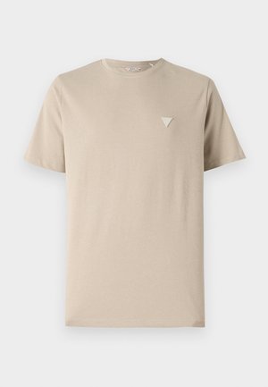 Beige cotton t-shirt with short sleeves, round neckline, and a small triangular logo embroidered on the left chest. Smooth texture.