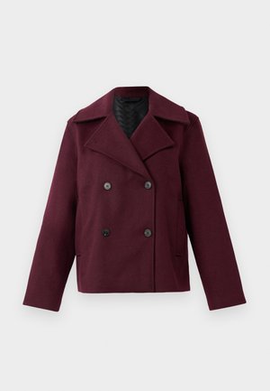 Dunkelburgunderfarbener, doppelt gelegter Wollmantel mit breiten Revers, schwarzen Knöpfen, langen Ärmeln und Seitentaschen, präsentiert auf einem weißen Hintergrund.