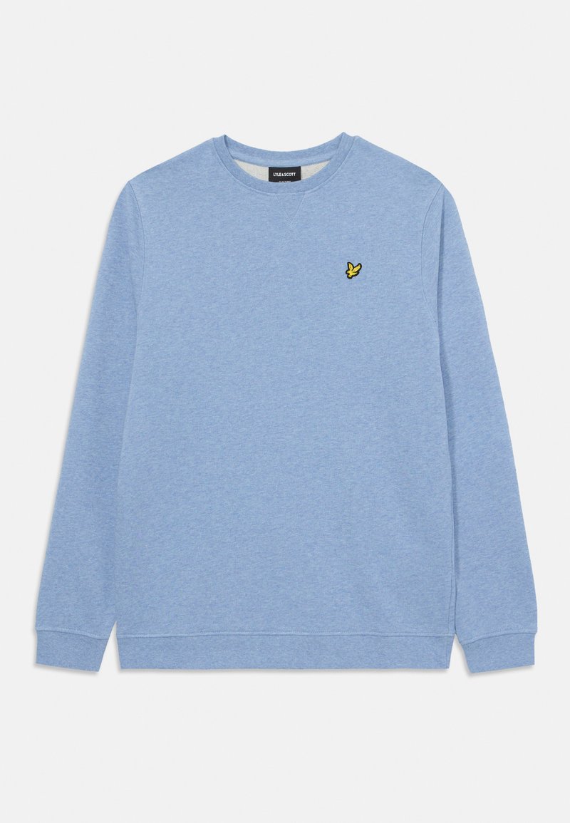 Sweatshirt azul claro feito de tecido suave; apresenta um decote redondo e mangas longas, adornado com um pequeno logótipo de um pássaro amarelo no peito.