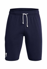 Marinblå idrottsshorts gjorda av mjukt material, med ett elastiskt midjeband och en vit dragsko, samt en logotyp tryckt på vänster ben.