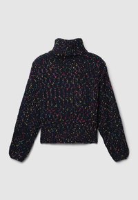 Maglione a collo alto cropped di un blu scuro con macchie multicolori. Presenta un motivo di maglia testurizzata e maniche oversize a sbuffo.