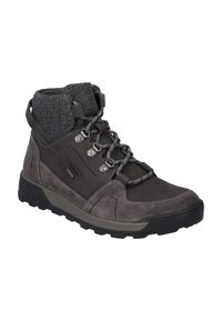 Botas de senderismo gris oscuro hechas de ante y tela texturizada. Cuentan con ojales de metal, punta protectora y una suela de goma texturizada.