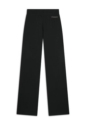 Pantaloni neri a gamba larga realizzati in tessuto morbido, dotati di una vita elasticizzata e di un piccolo logo con finitura lucida all'altezza dell'anca.