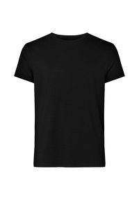 Sort bomulds T-shirt med klassisk rund hals, korte ærmer og lige pasform. Ingen synlige mønstre eller detaljer. Glat tekstur.