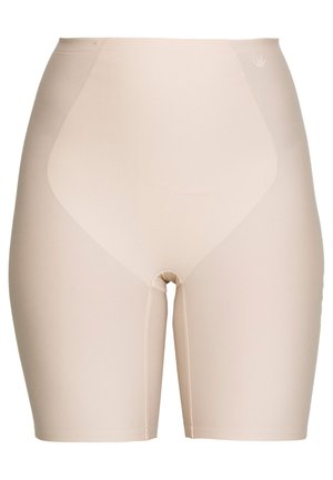 Beige mid-thigh shaping shorts made of smooth, stretchy material with a seamless design and cutouts at the crotch area for convenience.
