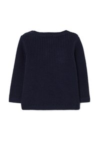 Maglione lavorato a maglia blu navy con maniche lunghe, motivo a nido d'ape testurizzato, scollatura rotonda e bordo a coste. Vista dal retro, senza chiusure visibili.