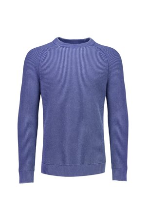 Lilla ribstrikket langærmet sweater med rund hals og tætsiddende manchetter, vist på hvid baggrund.