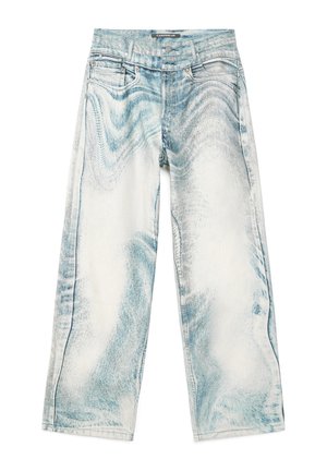 Jean en denim à jambes larges avec un motif délavé bleu et blanc et des poches avant, présenté sur fond blanc.