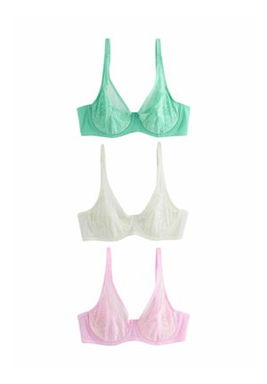 Tri čipkované podprsenky v zelenej, bielej a ružovej farbe, usporiadané vertikálne na bielom pozadí, zobrazené spredu s nastaviteľnými ramienkami.