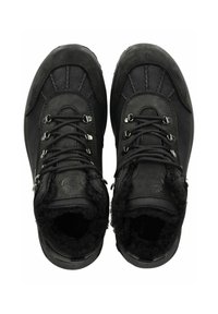 Botas de senderismo negras con parte superior de cuero texturizado, puntera reforzada, ojales de metal y forro de piel alrededor del cuello para mayor calidez.