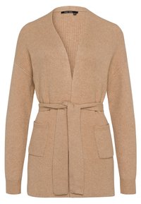 Beige ribbet strik cardigan med lange ærmer, to forlommer, åben front og et matchende bælte knyttet i taljen.