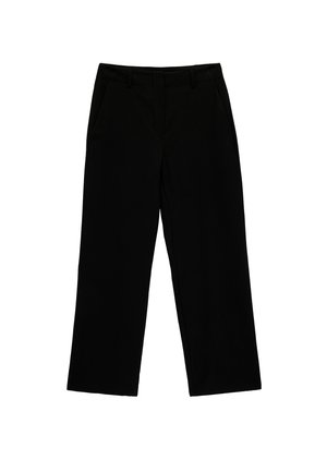 Schwarze gerade geschnittene Hosen mit Seitentaschen und Gürtelschlaufen, flach auf weißem Hintergrund präsentiert.