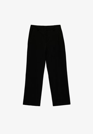 Pantalones negros de pierna recta con bolsillos laterales y cinturilla con trabillas, mostrados extendidos sobre un fondo blanco.