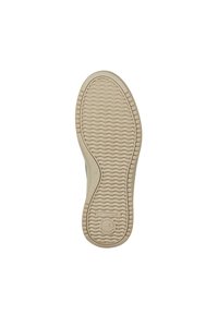 Beige gumová podrážka s vlnkovým texturovaným vzorem a kruhovým logem, s zakřivenou patou a rovnou špičkou pro stabilní úchop.