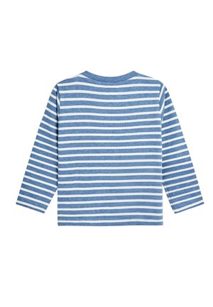 Langärmliges, blau-weiß gestreiftes T-Shirt mit rundem Ausschnitt und einem weichen, strukturierten Stoff. Das Design zeigt abwechselnd horizontale Streifen.