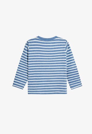 T-shirt z długim rękawem, w niebiesko-białe paski, z okrągłym dekoltem i miękkim, teksturowanym materiałem. Wzór składa się z naprzemiennych poziomych pasków.