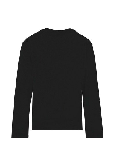 Maglietta nera a maniche lunghe con scollatura rotonda. Realizzata in tessuto morbido, presenta un design semplice senza motivi o dettagli visibili.